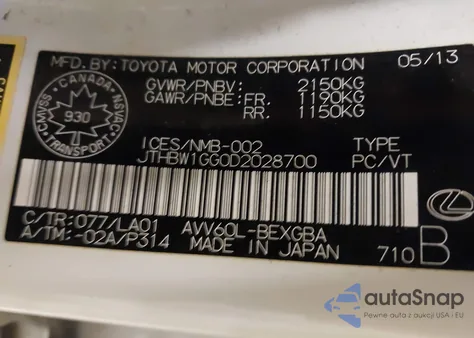 2013 Lexus Es 300H z USA, uszkodzony, nr VIN JTHBW1GG0D2028700